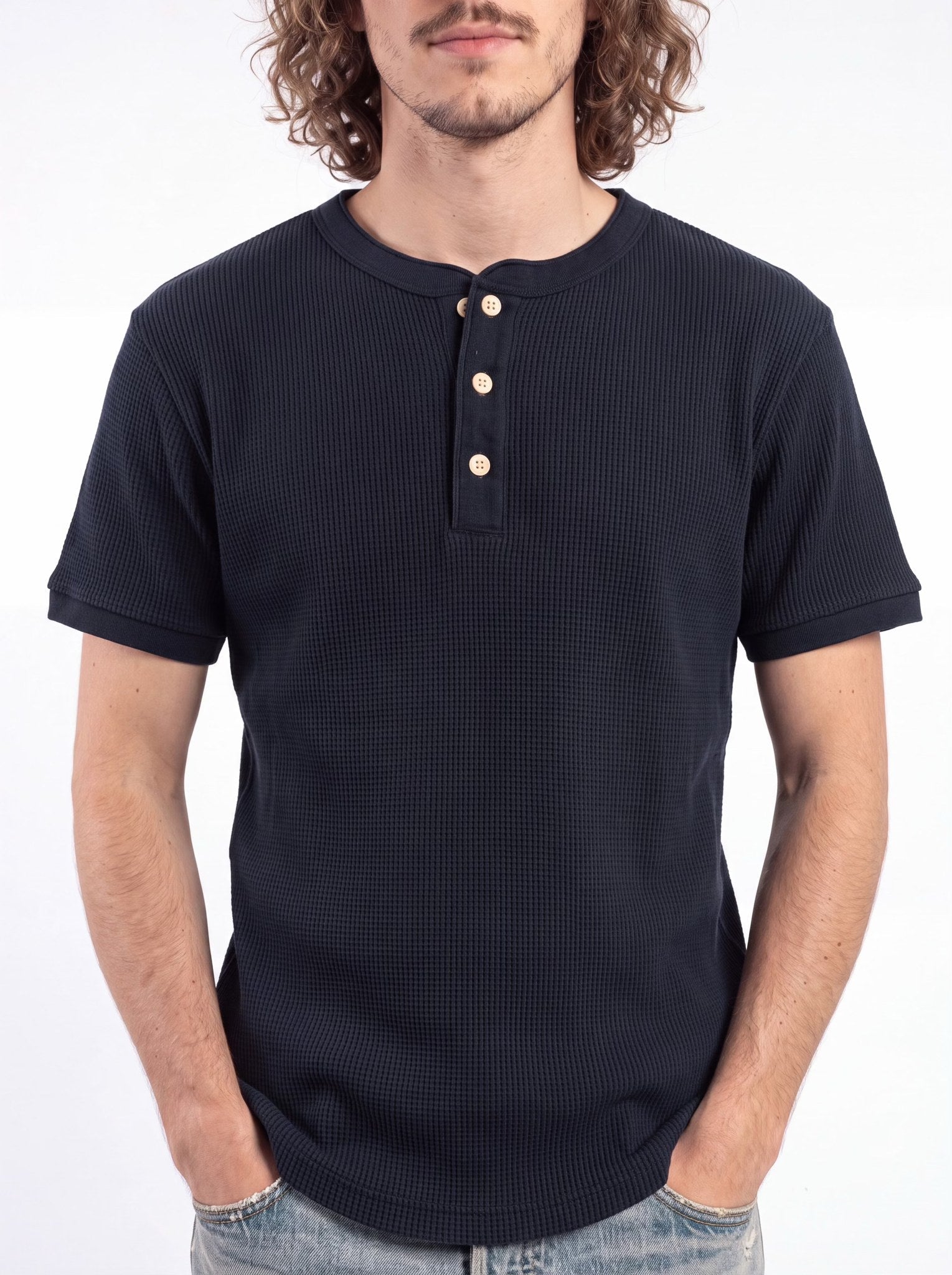 LXPL TEE SL ネイビー ワッフル・ヘンリー ディテール