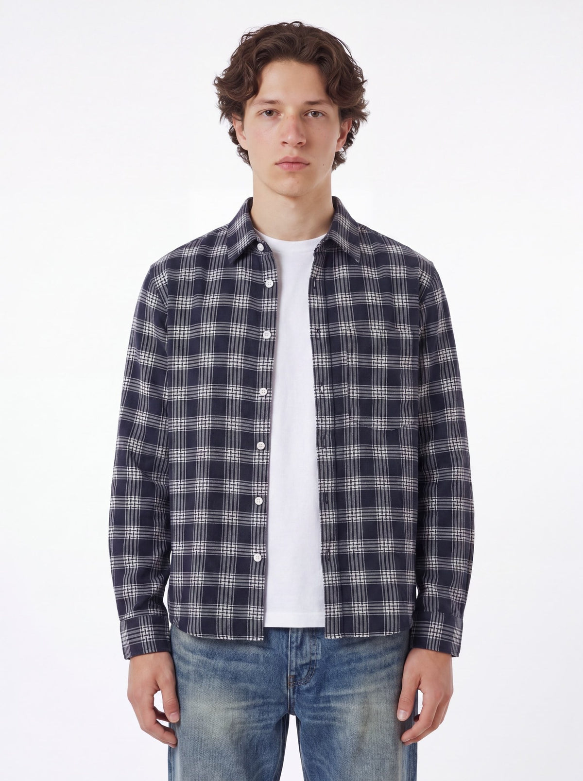 LXPL TEE LS ネイビーチェック 長袖シャツ 着用イメージ