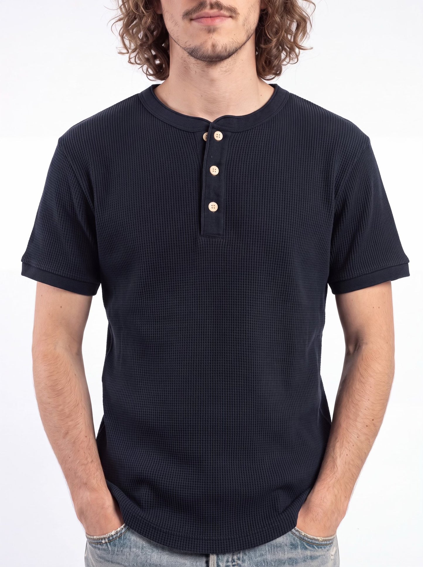LXPL TEE SL ネイビー ワッフル・ヘンリー ディテール